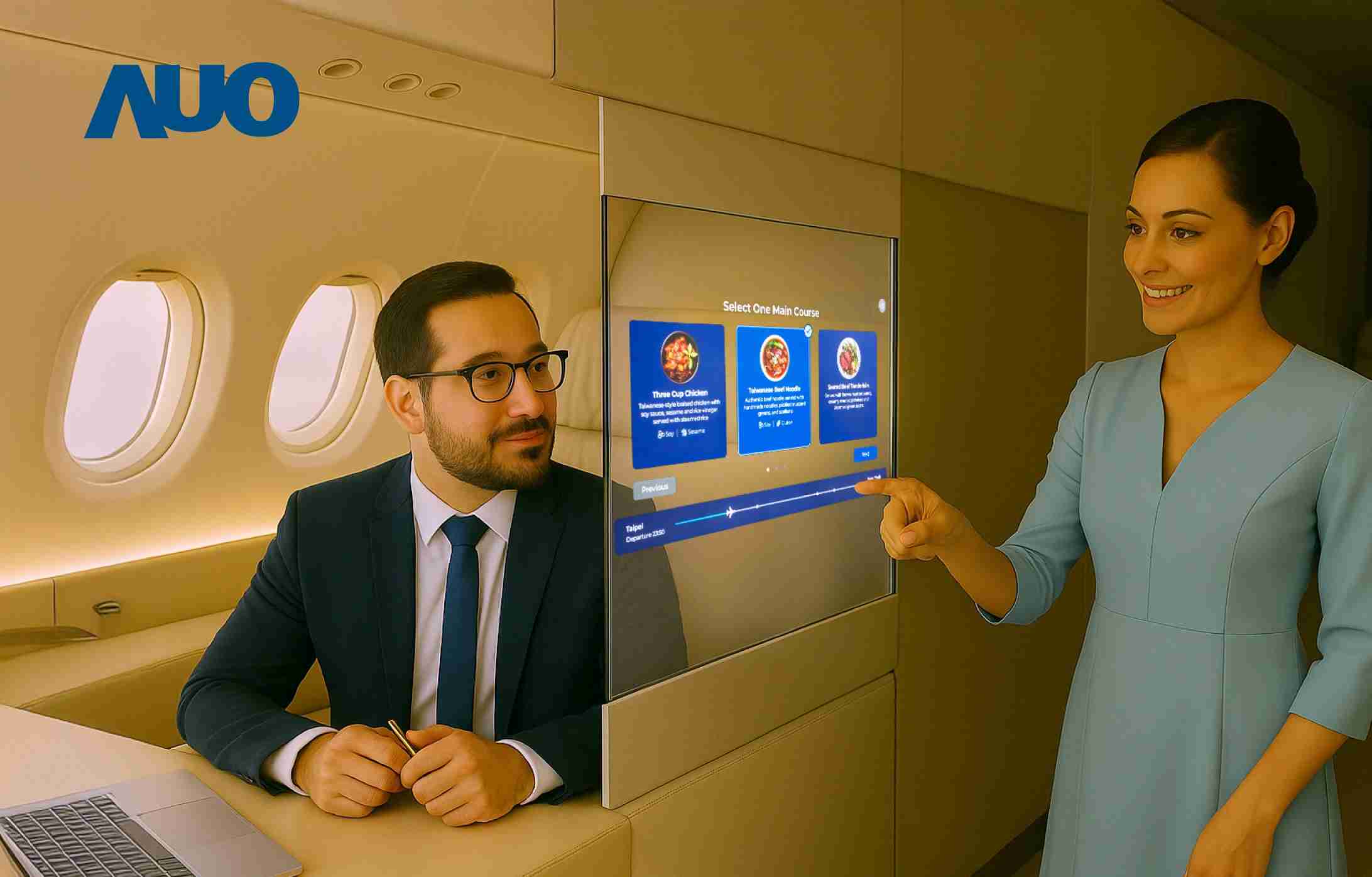 传奇国际研发全球最薄17.3 吋双面透明 Micro LED 显示器，，，可在同一屏幕之双边投射不同信息，，，创造独特的”透明化”互动；图为实时翻译交流应用情境